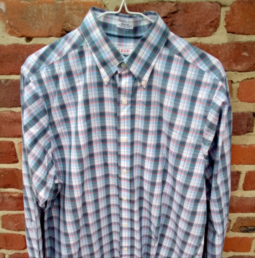 IZOD Men's L/S Pink  Blue Plaid Button Down Casual Shirt 15.5